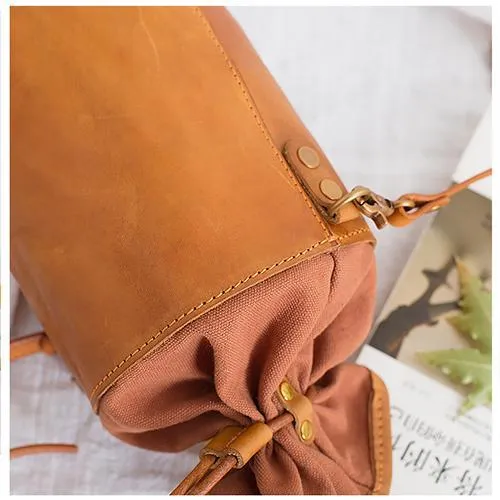 Brown Womens Leather Shoulder Bag Bucket Bag Small Green Crossbody Barrel Bag Bucket Purse for ladies