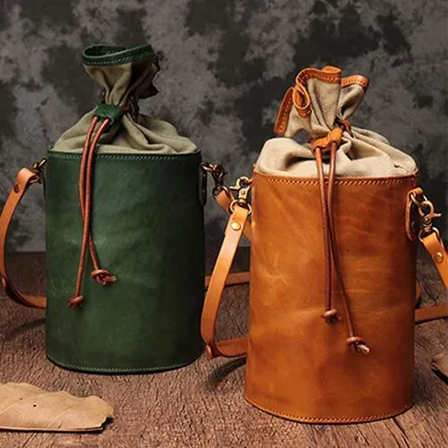 Brown Womens Leather Shoulder Bag Bucket Bag Small Green Crossbody Barrel Bag Bucket Purse for ladies