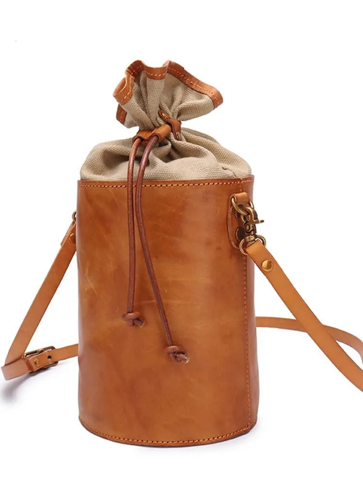 Brown Womens Leather Shoulder Bag Bucket Bag Small Green Crossbody Barrel Bag Bucket Purse for ladies