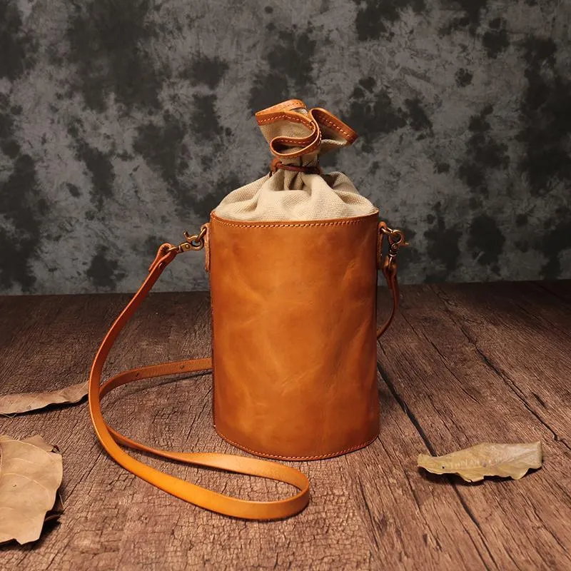 Brown Womens Leather Shoulder Bag Bucket Bag Small Green Crossbody Barrel Bag Bucket Purse for ladies