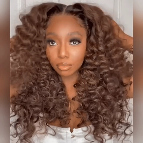 Brown With Black Roots Deep Curly Lace Front Wig Ombre #4 Brown Curly Human Hair Wigs