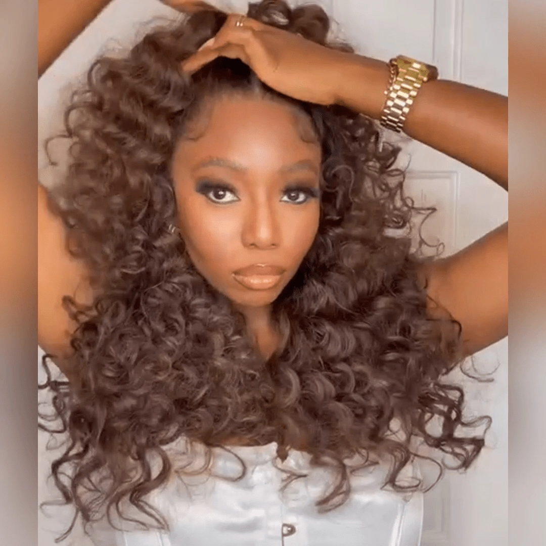 Brown With Black Roots Deep Curly Lace Front Wig Ombre #4 Brown Curly Human Hair Wigs