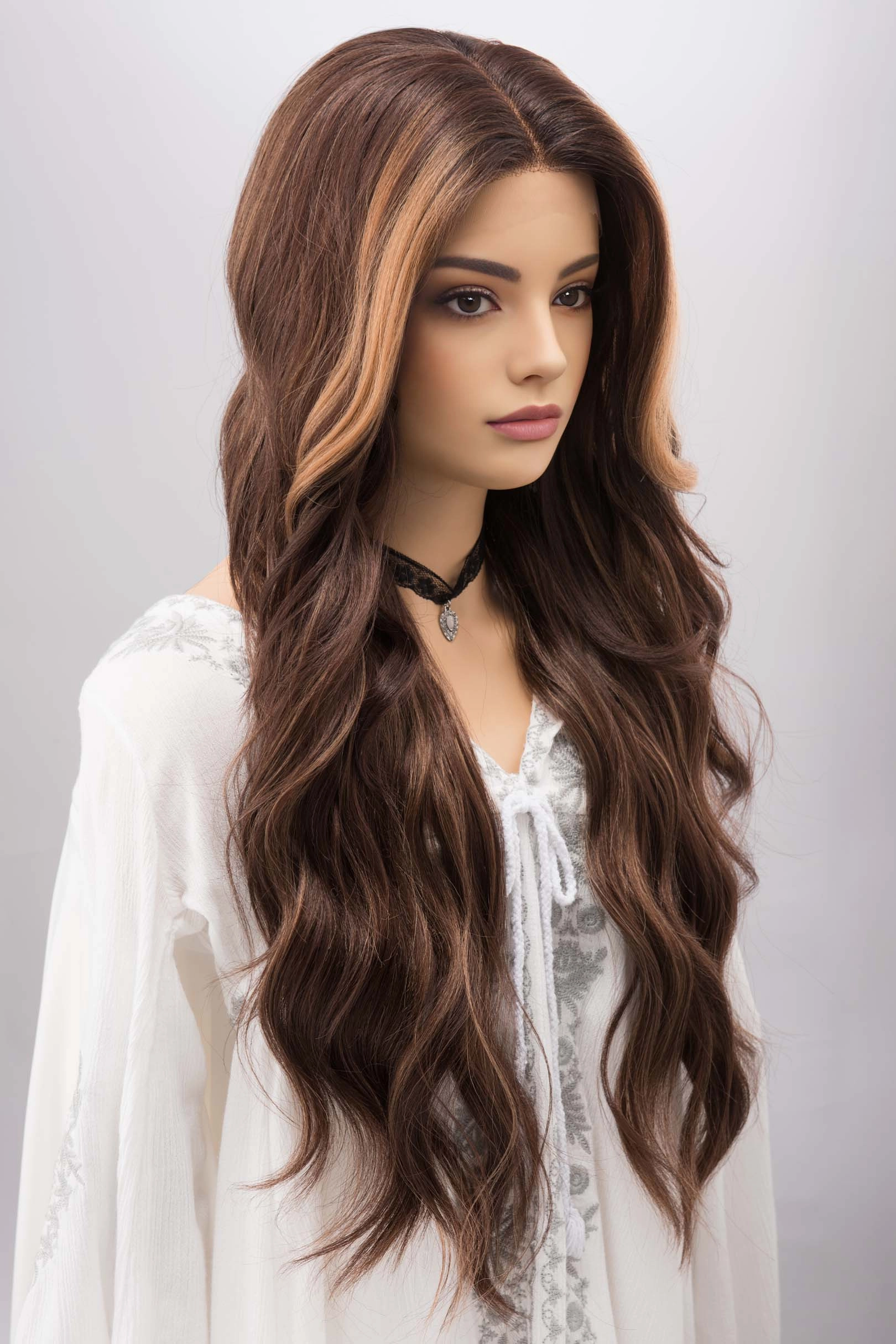 Brown with Blonde Highlights Wavy Lace Front Synthetic Wig with Curtain Bangs Kyra