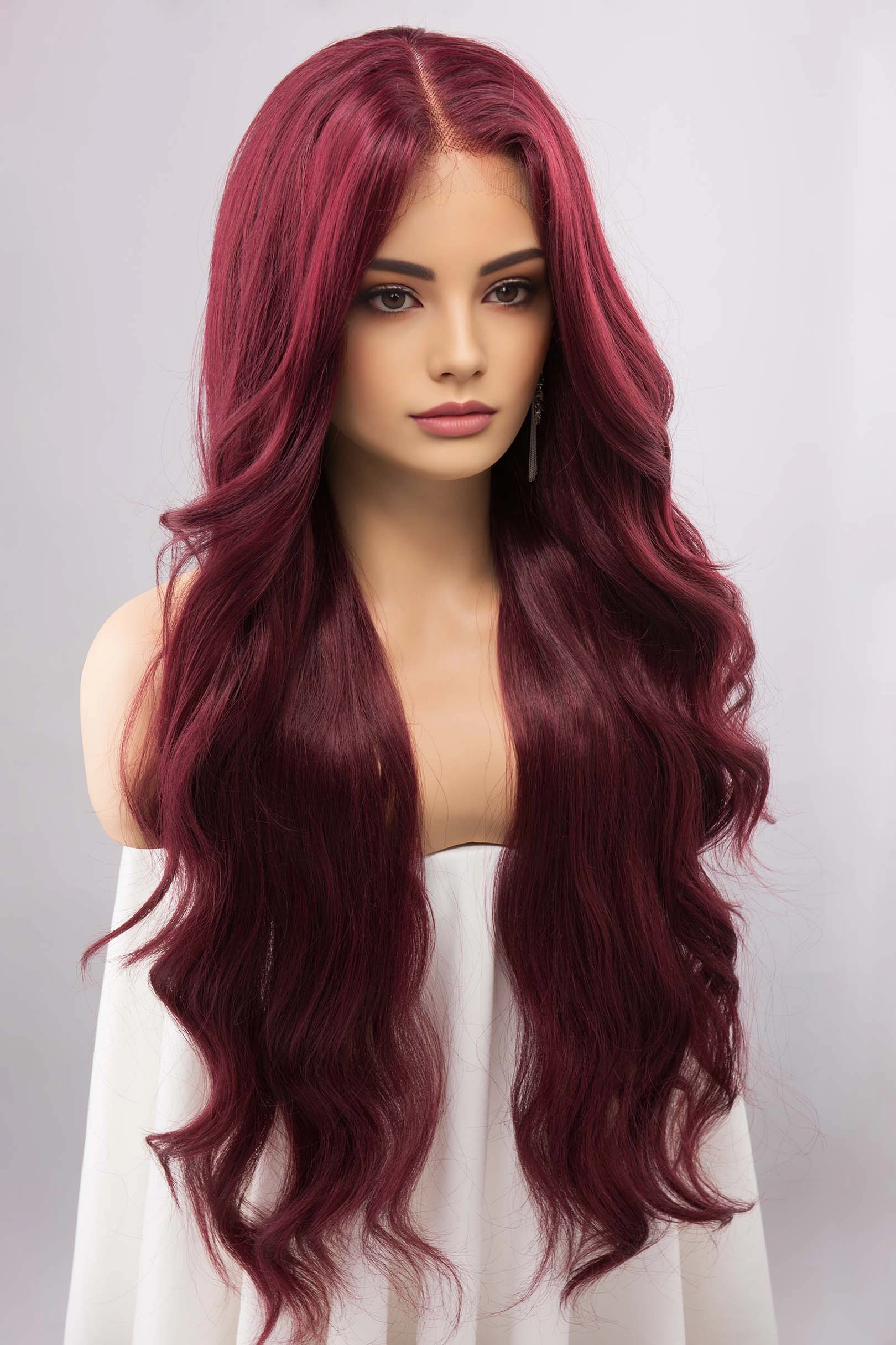 Burgundy Red Wavy Lace Front Synthetic Wig Aries Ariel Look