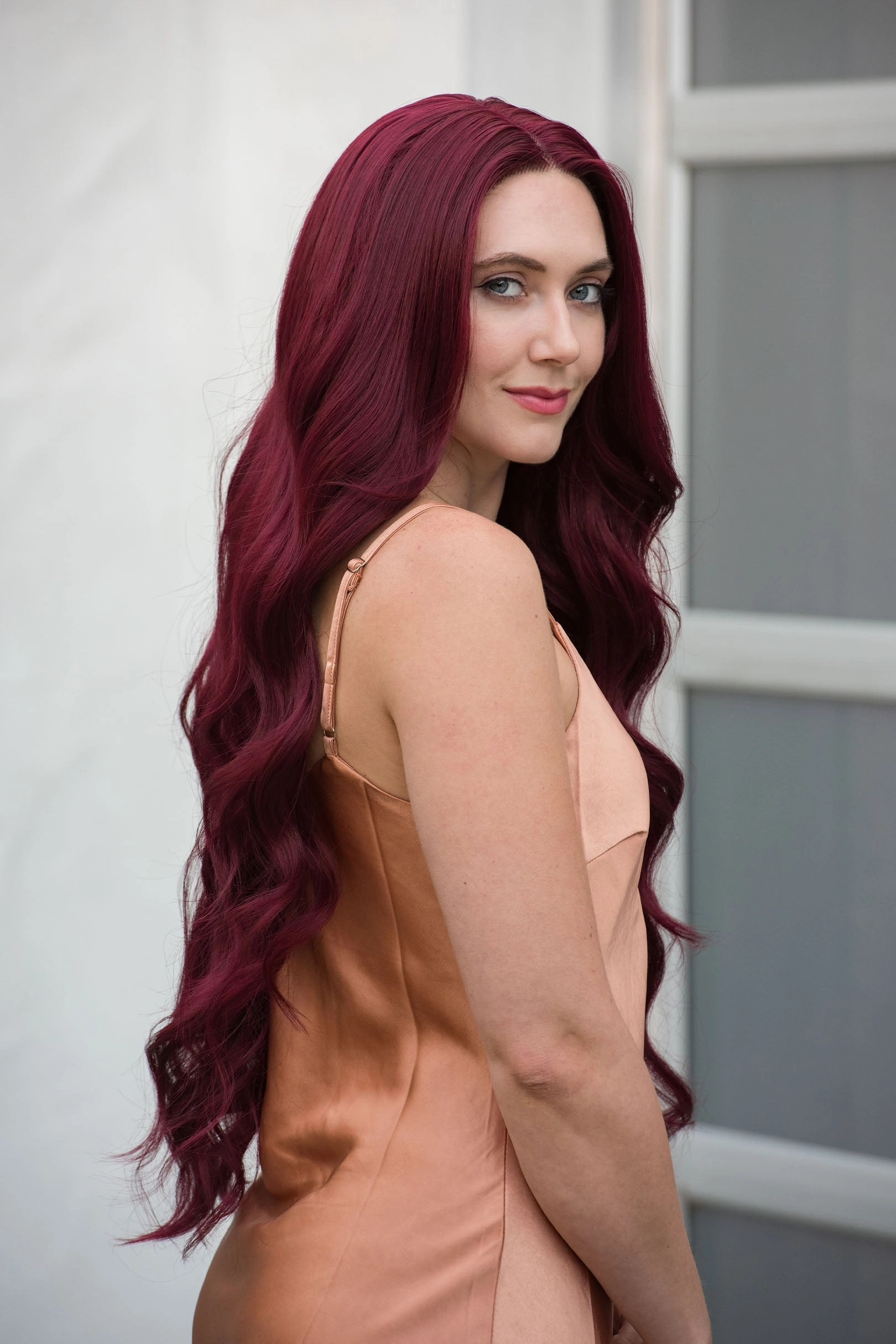 Burgundy Red Wavy Lace Front Synthetic Wig Aries Ariel Look
