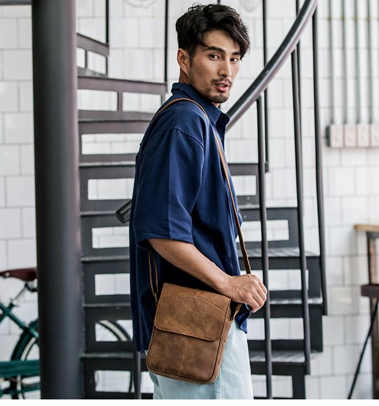 Camel Leather Mens Vertical Mini Side Bag Small Messenger Bags Courier Bag for Men