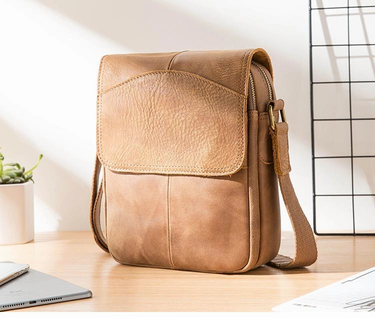 Camel Leather Mens Vertical Mini Side Bag Small Messenger Bags Courier Bag for Men