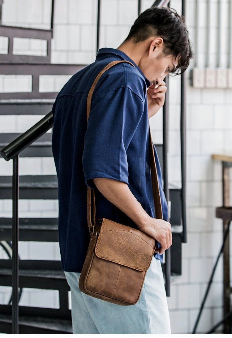 Camel Leather Mens Vertical Mini Side Bag Small Messenger Bags Courier Bag for Men