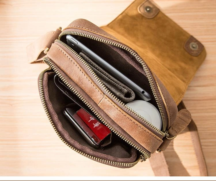 Camel Leather Mens Vertical Mini Side Bag Small Messenger Bags Courier Bag for Men
