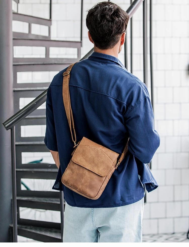 Camel Leather Mens Vertical Mini Side Bag Small Messenger Bags Courier Bag for Men