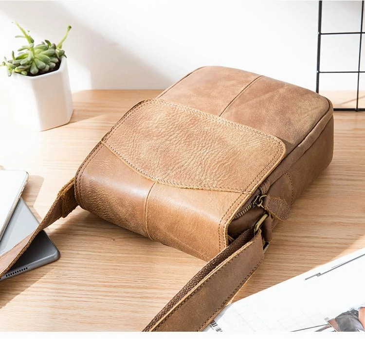 Camel Leather Mens Vertical Mini Side Bag Small Messenger Bags Courier Bag for Men