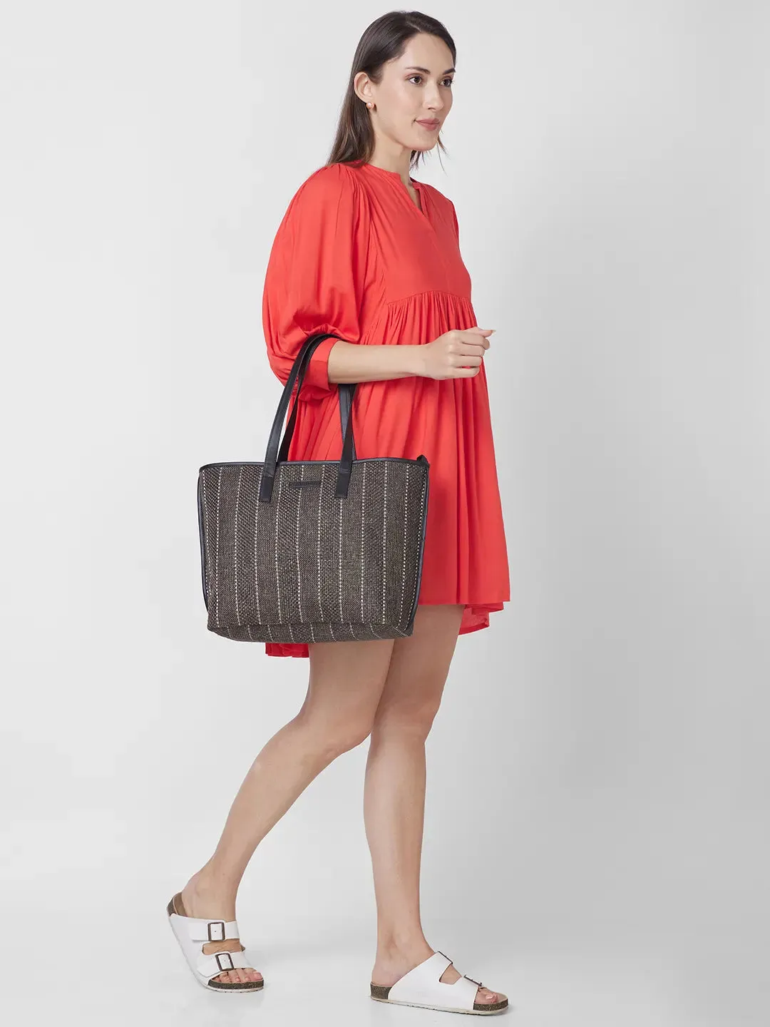 Caprese Evana Medium Striped Brown Tote Bag