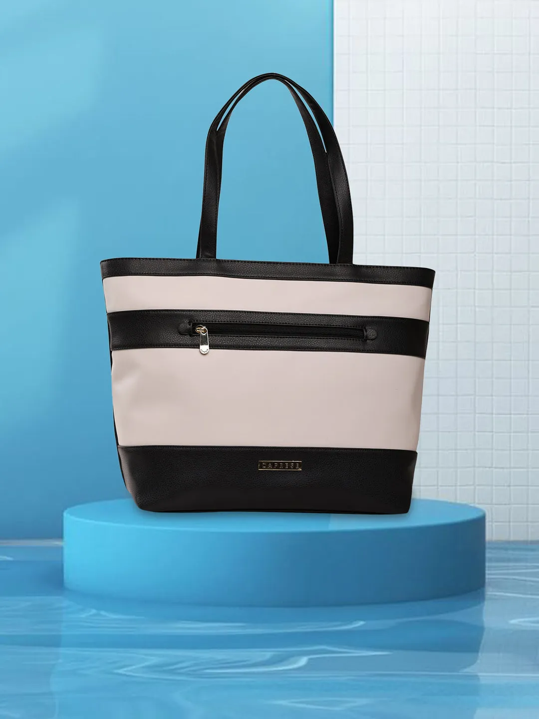Caprese Marciano Medium Striped Black Tote Bag