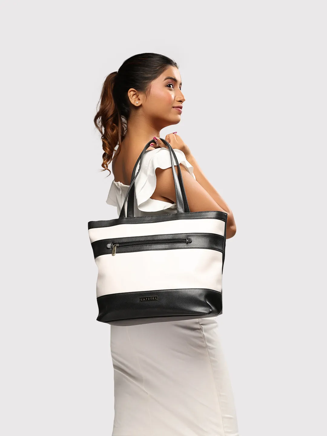 Caprese Marciano Medium Striped Black Tote Bag