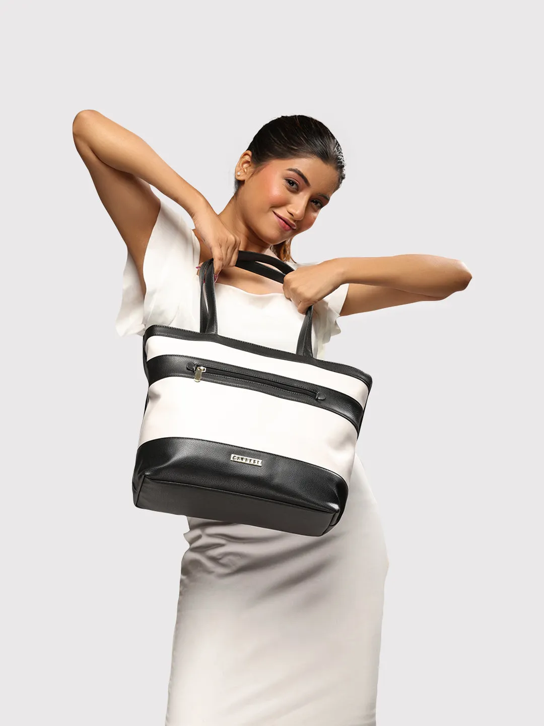 Caprese Marciano Medium Striped Black Tote Bag