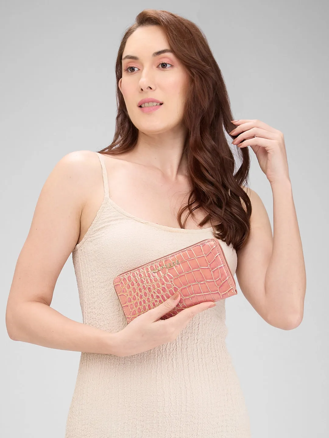 Caprese Miranda Large Pink Croco Zip Around Wallet