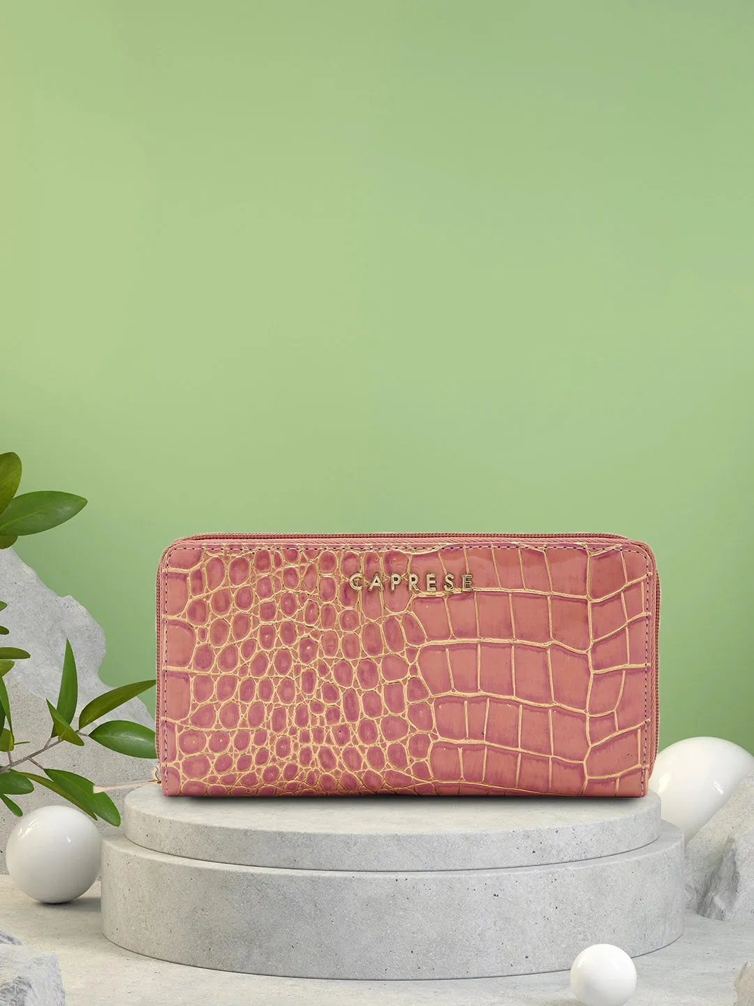 Caprese Miranda Large Pink Croco Zip Around Wallet