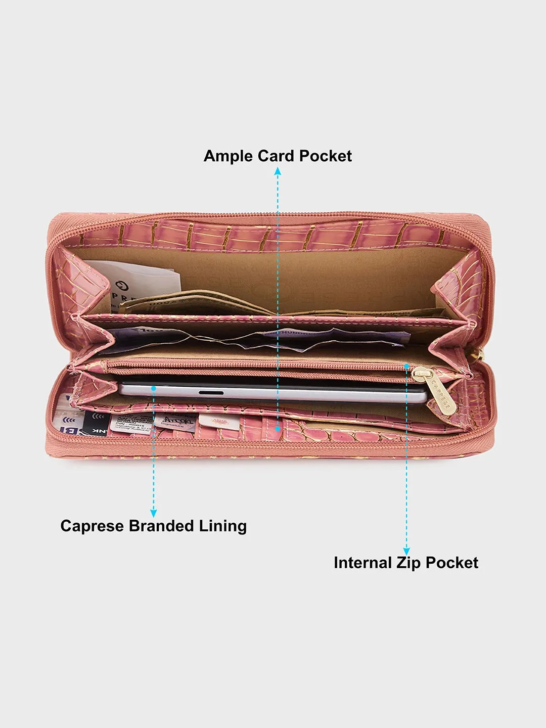 Caprese Miranda Large Pink Croco Zip Around Wallet