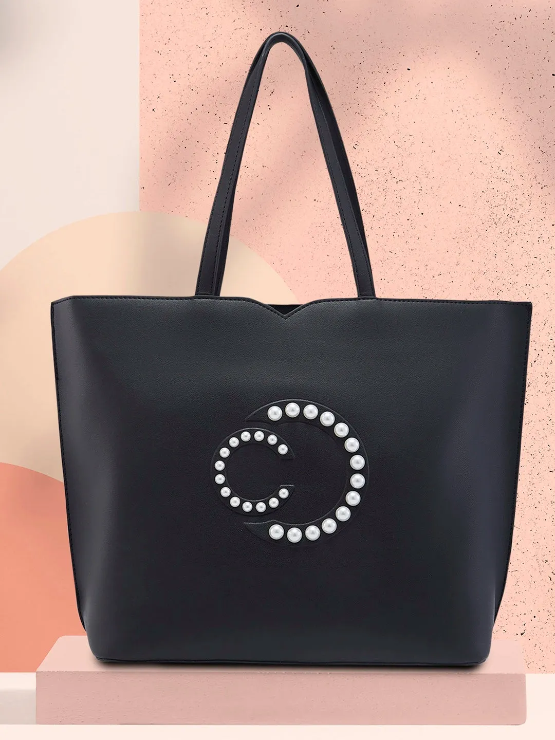 Caprese Pink Cloud Medium Black Tote Bag