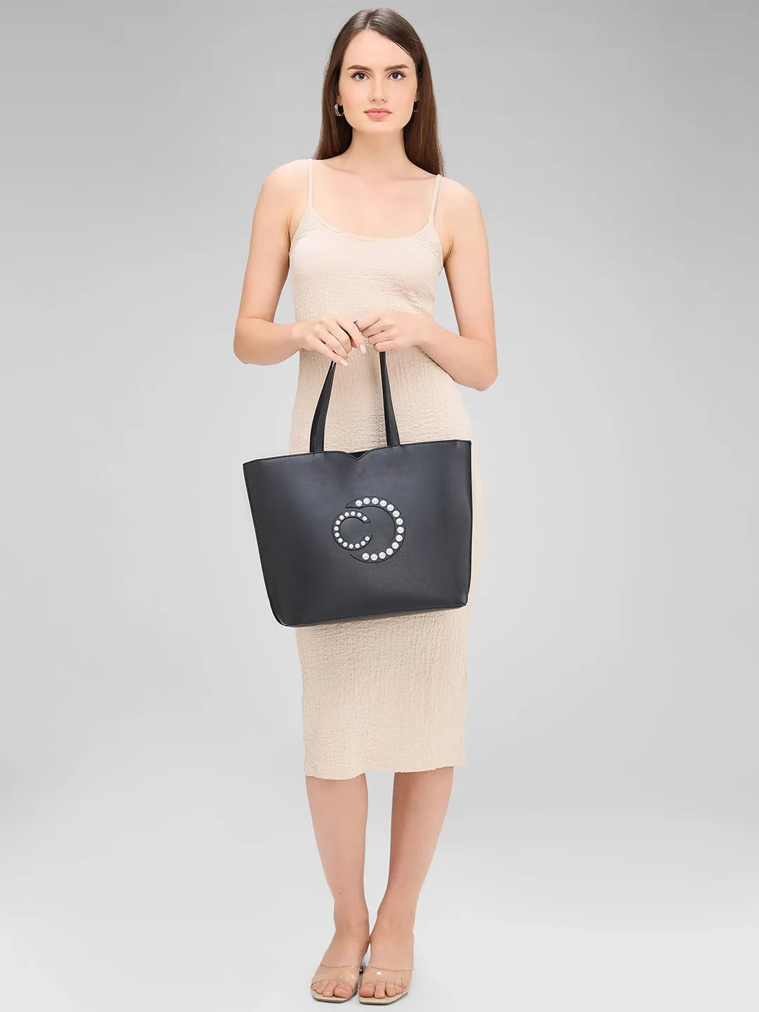 Caprese Pink Cloud Medium Black Tote Bag