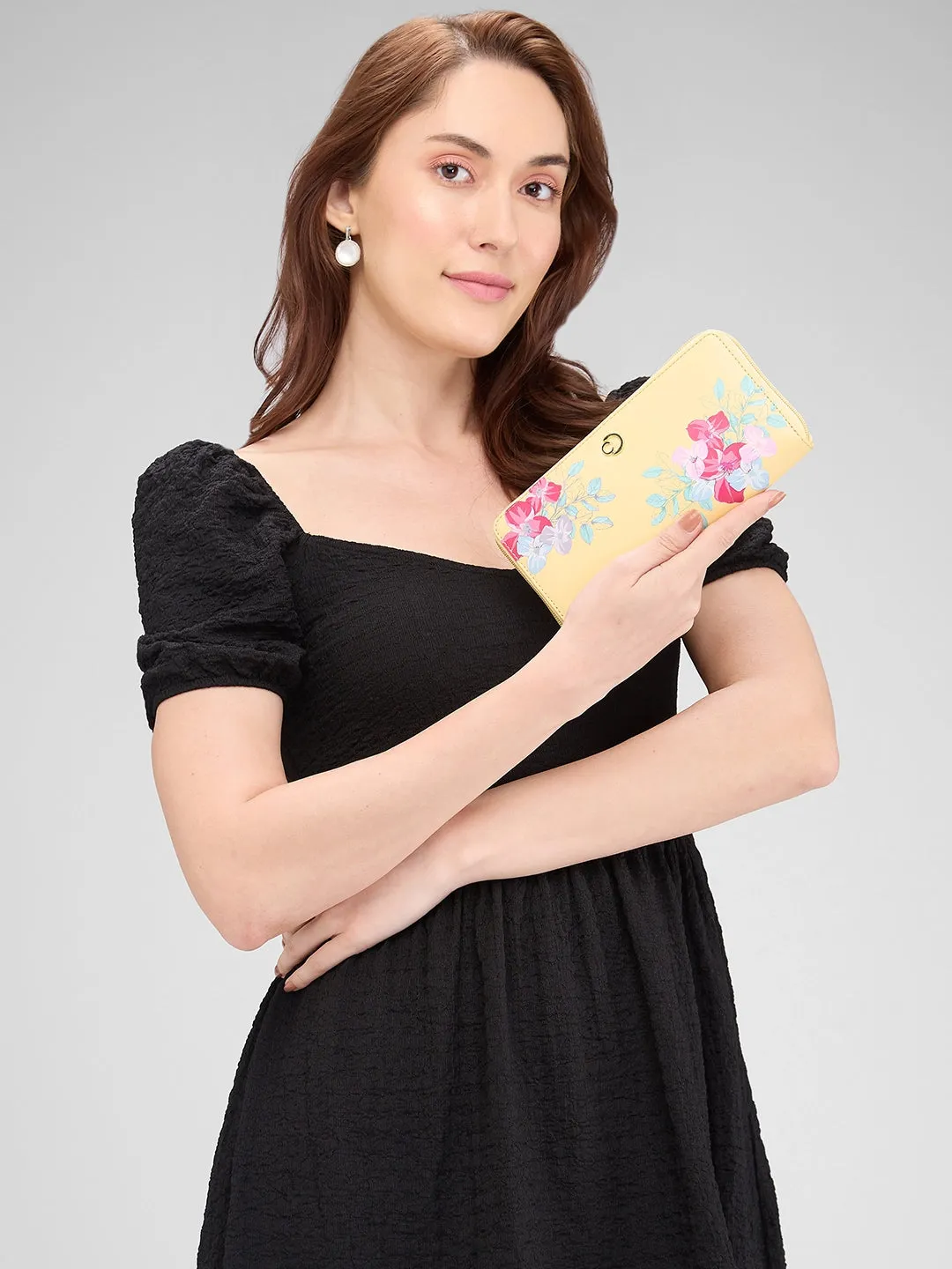 Caprese Shanaya Large Yellow Printed Zip Around Wallet