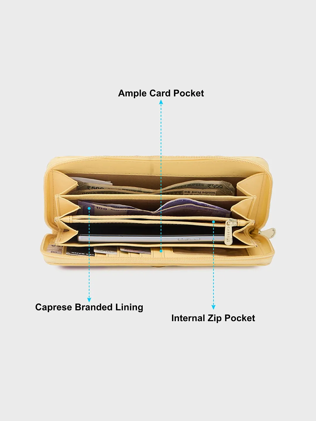 Caprese Shanaya Large Yellow Printed Zip Around Wallet