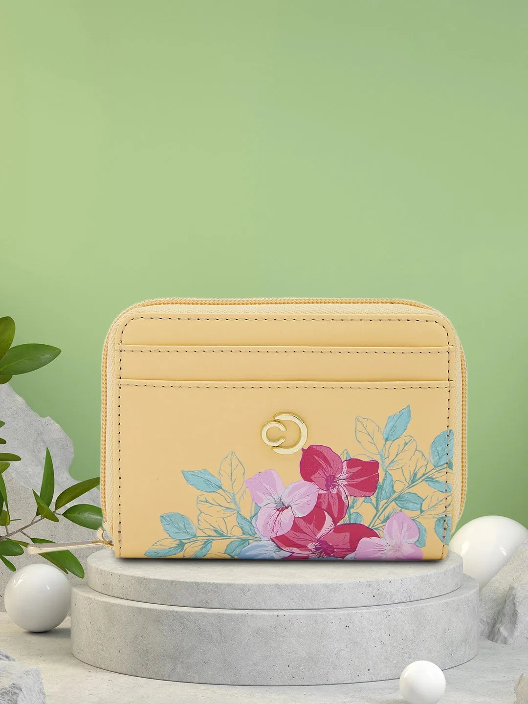 Caprese Shanaya Printed Small Yellow Zip Around Wallet