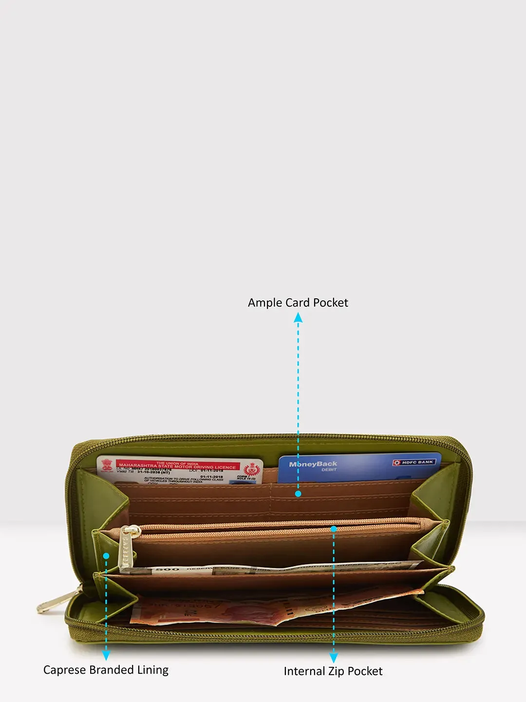 Caprese Zeta Quilted Large Olive Zip Around Wallet