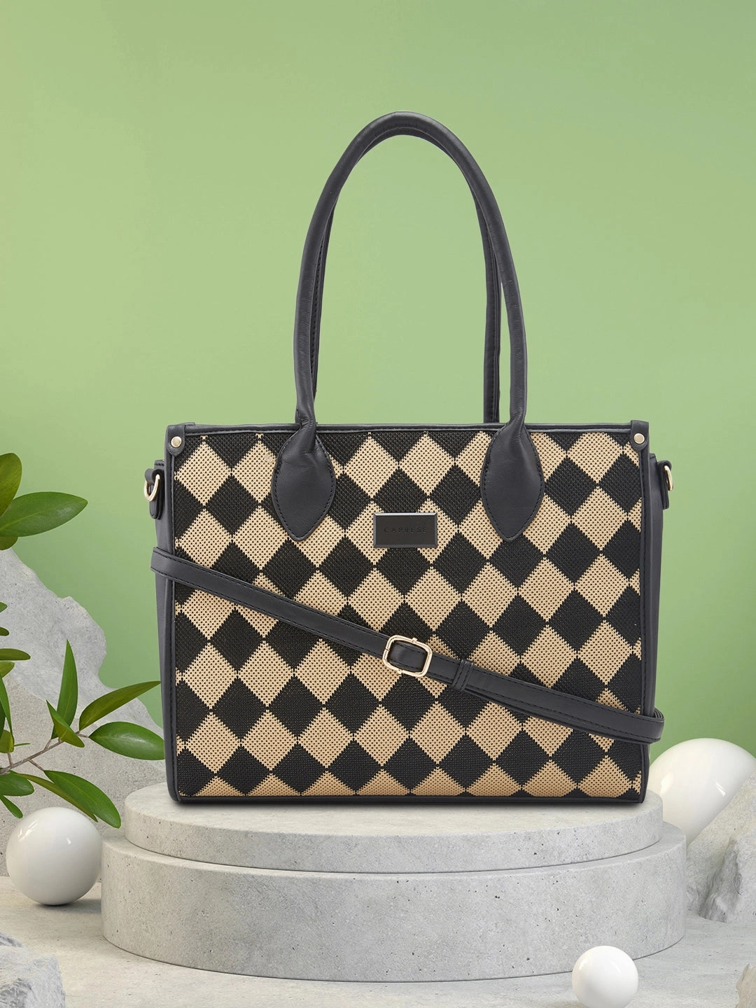 Caprese Checker Medium Black Satchel Bag