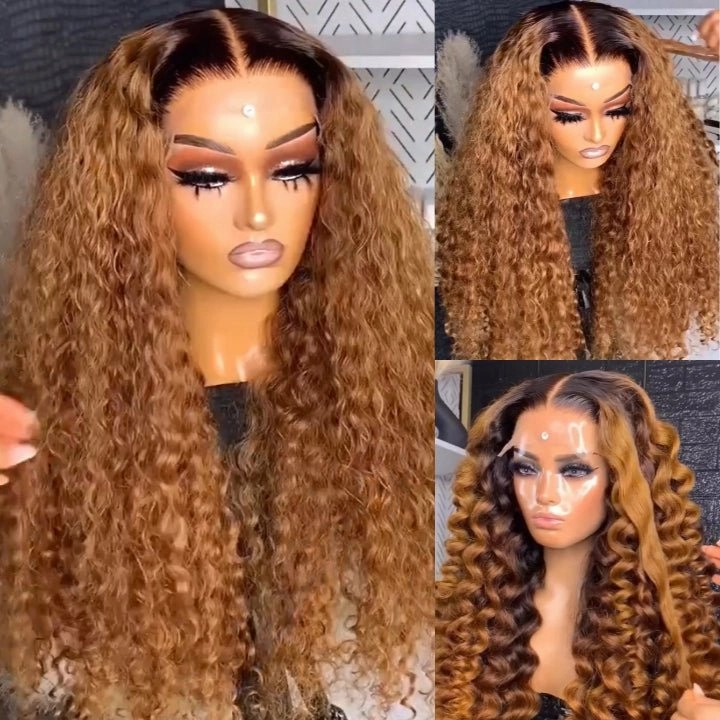 Caramel Brown Water Wave/Wand Curly Lace Front Wig With Dark Root Ombre Color HD Lace Human Hair Wigs for Women-GeetaHair