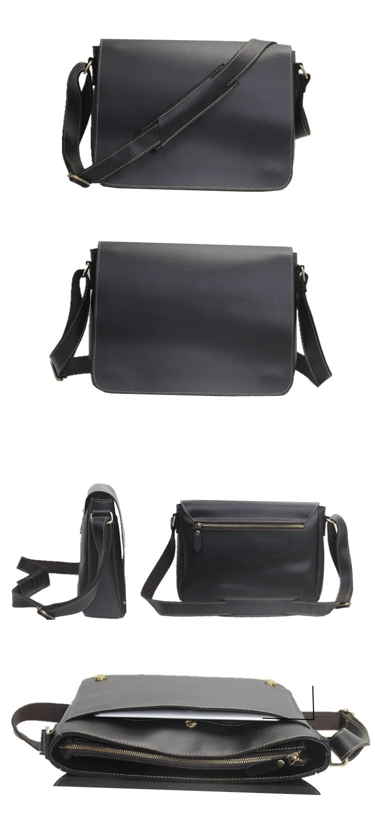 Casual Black Leather Mens 11 inches Courier Bags Messenger Bag Vintage Brown Postman Bags For Men
