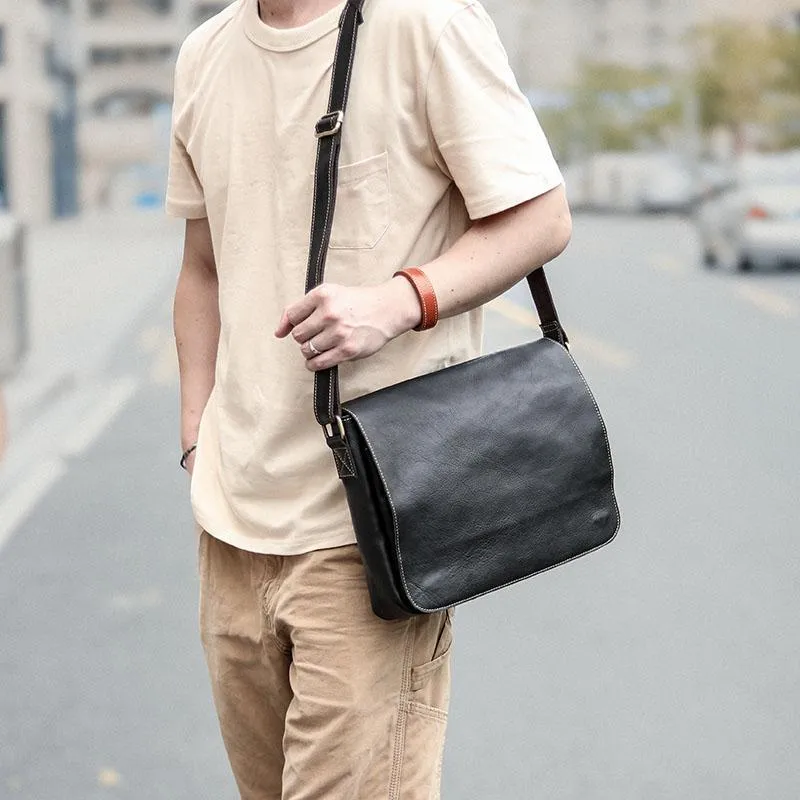 Casual Black Leather Mens 11 inches Courier Bags Messenger Bag Vintage Brown Postman Bags For Men
