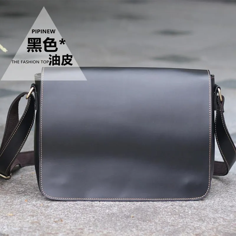 Casual Black Leather Mens 11 inches Courier Bags Messenger Bag Vintage Brown Postman Bags For Men