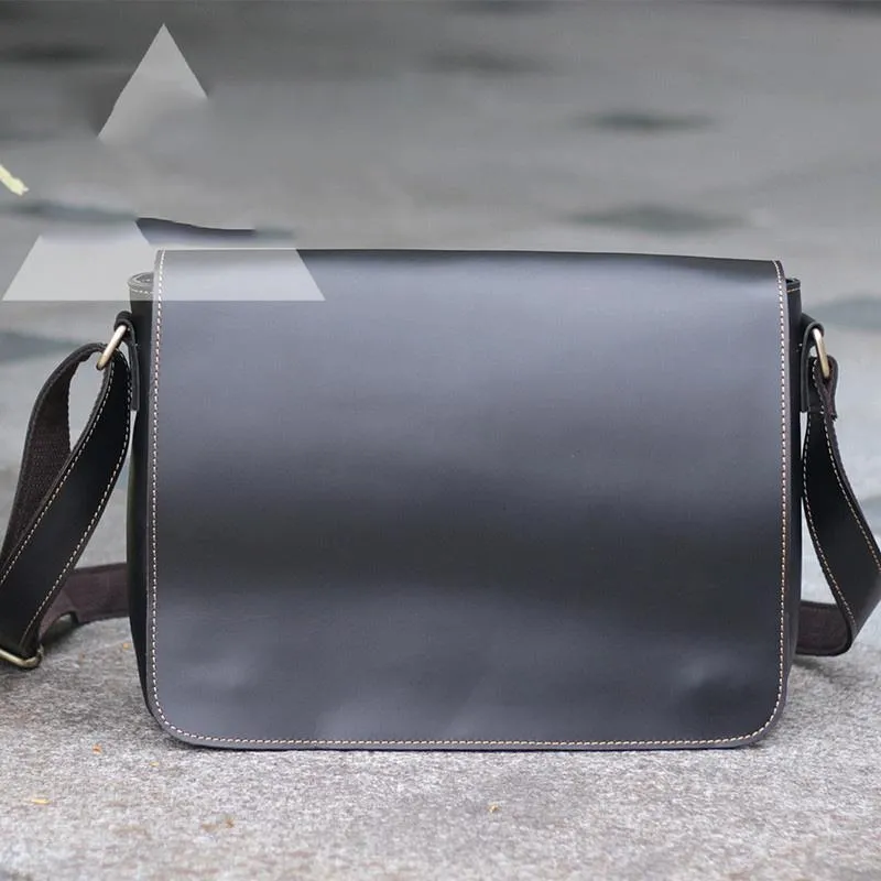 Casual Black Leather Mens 11 inches Courier Bags Messenger Bag Vintage Brown Postman Bags For Men