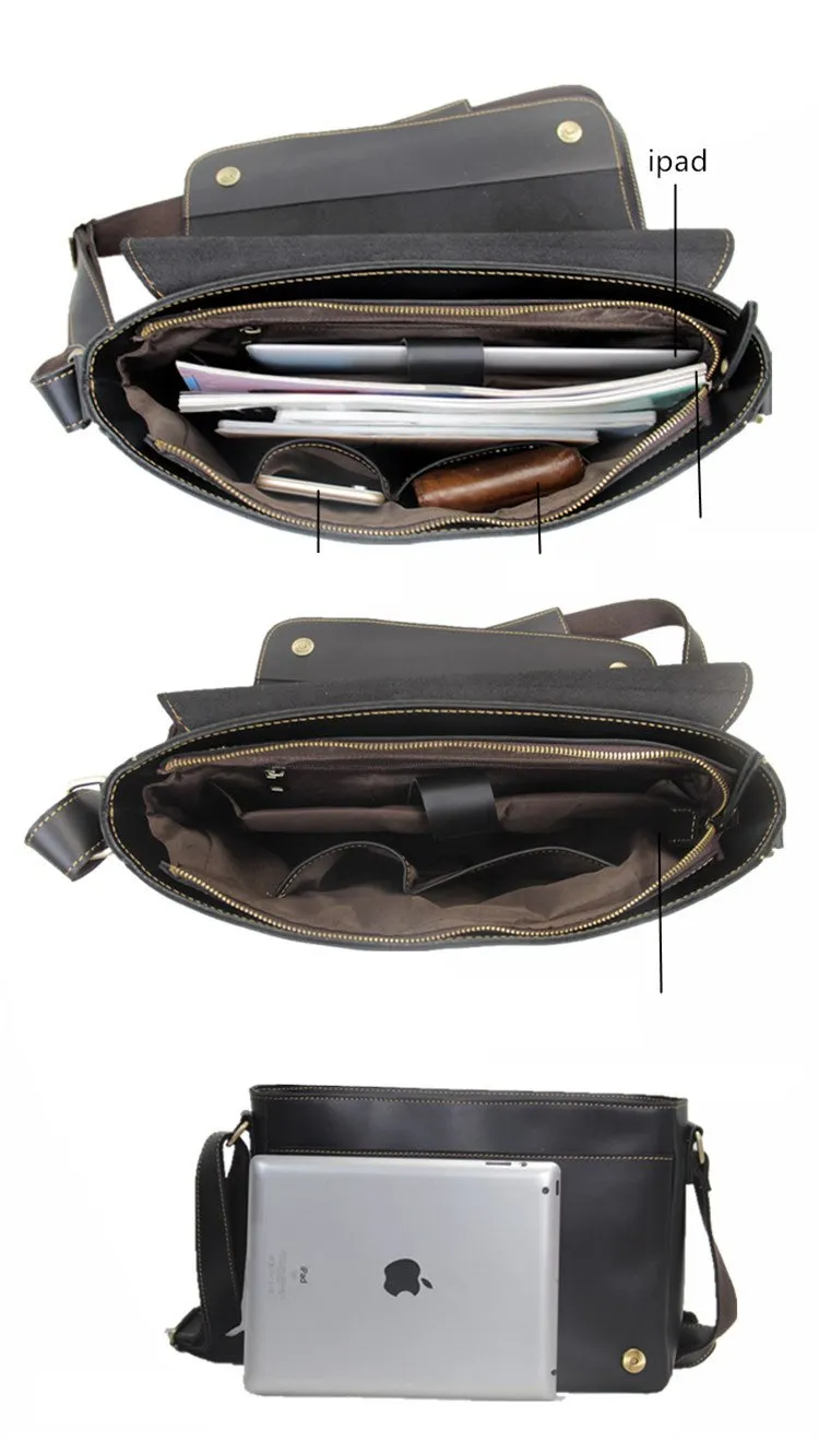Casual Black Leather Mens 11 inches Courier Bags Messenger Bag Vintage Brown Postman Bags For Men