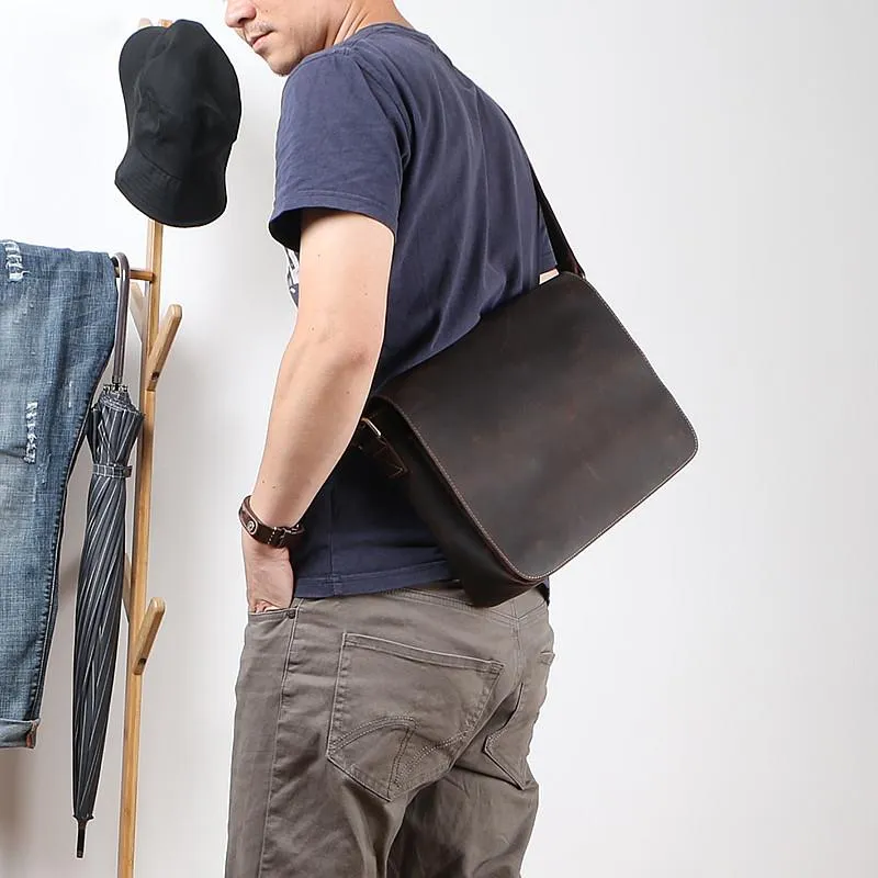 Casual Black Leather Mens 11 inches Courier Bags Messenger Bag Vintage Brown Postman Bags For Men