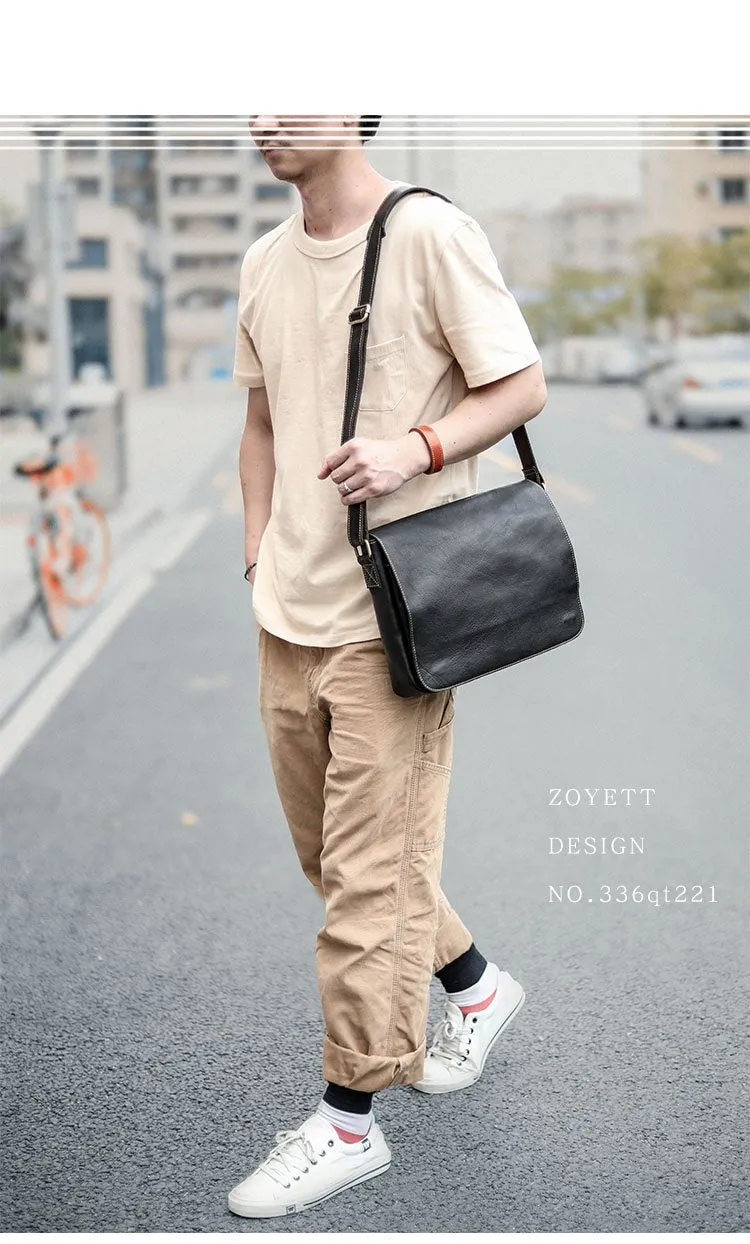 Casual Black Leather Mens 11 inches Courier Bags Messenger Bag Vintage Brown Postman Bags For Men