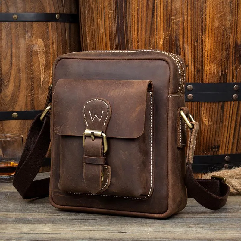 Casual Dark Brown Leather Mens Mini Vertical Messenger Bag Small Side Bags Postman Bag for Men