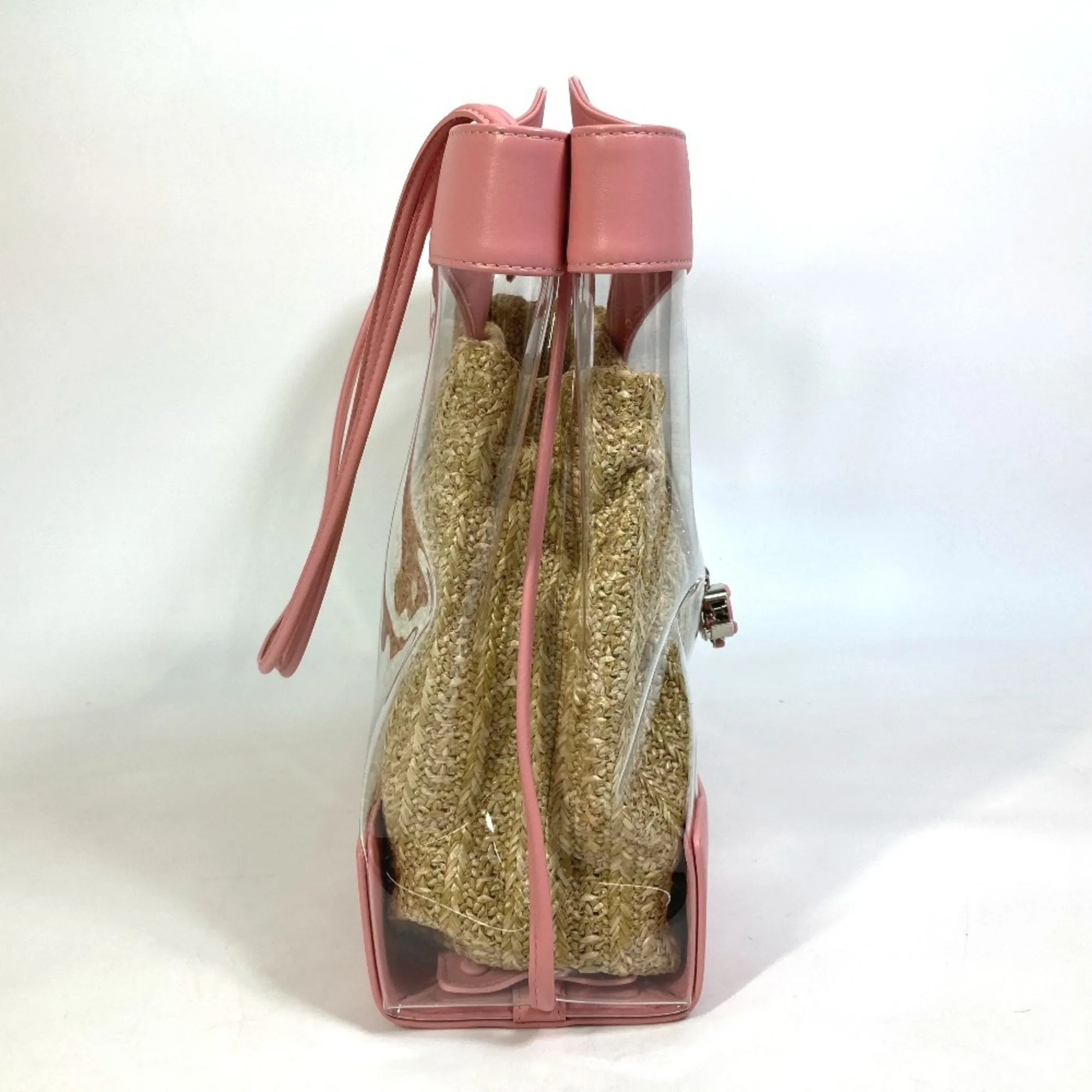 Chanel Clear pink Vinyl Leather Raffia Shopping Bag Tote Bag (Pre-Owned)
