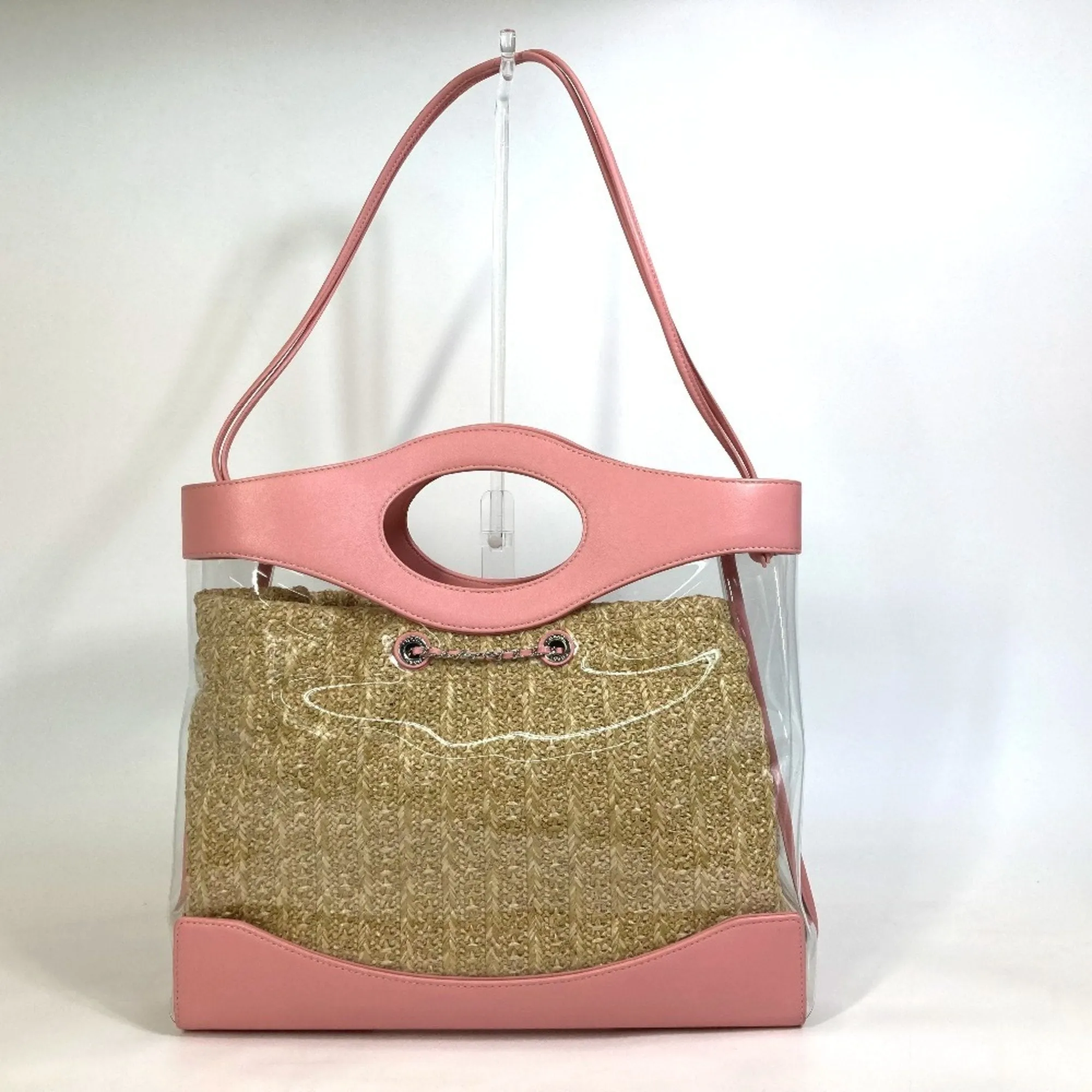 Chanel Clear pink Vinyl Leather Raffia Shopping Bag Tote Bag (Pre-Owned)