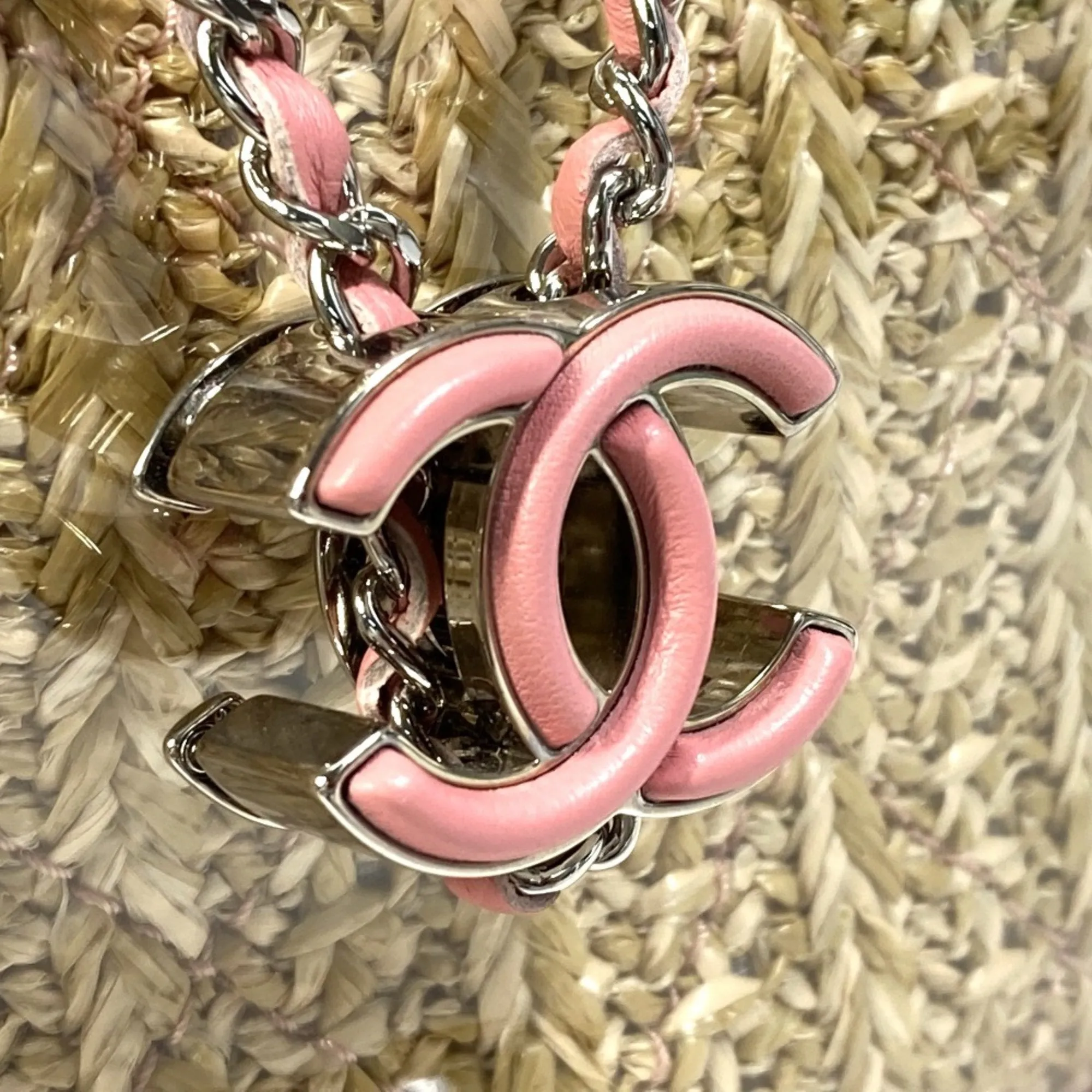 Chanel Clear pink Vinyl Leather Raffia Shopping Bag Tote Bag (Pre-Owned)