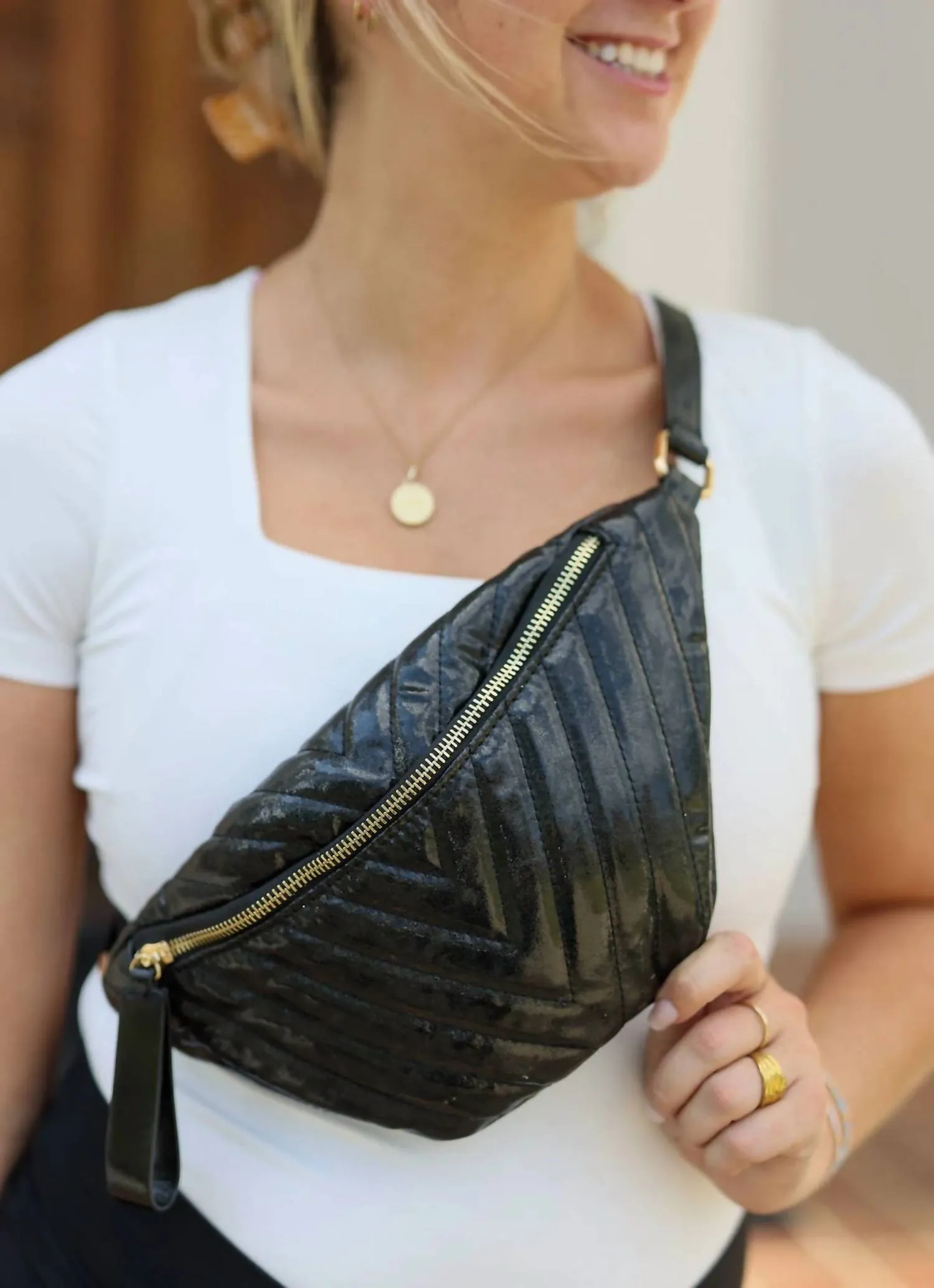 Charlotte Quilted Belt Bag In Shimmer Black