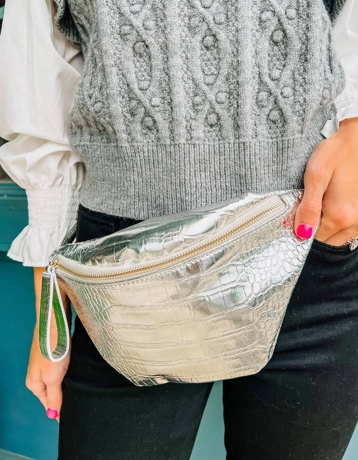 Charlotte Sling Belt Bag Fanny Pack In Platinum