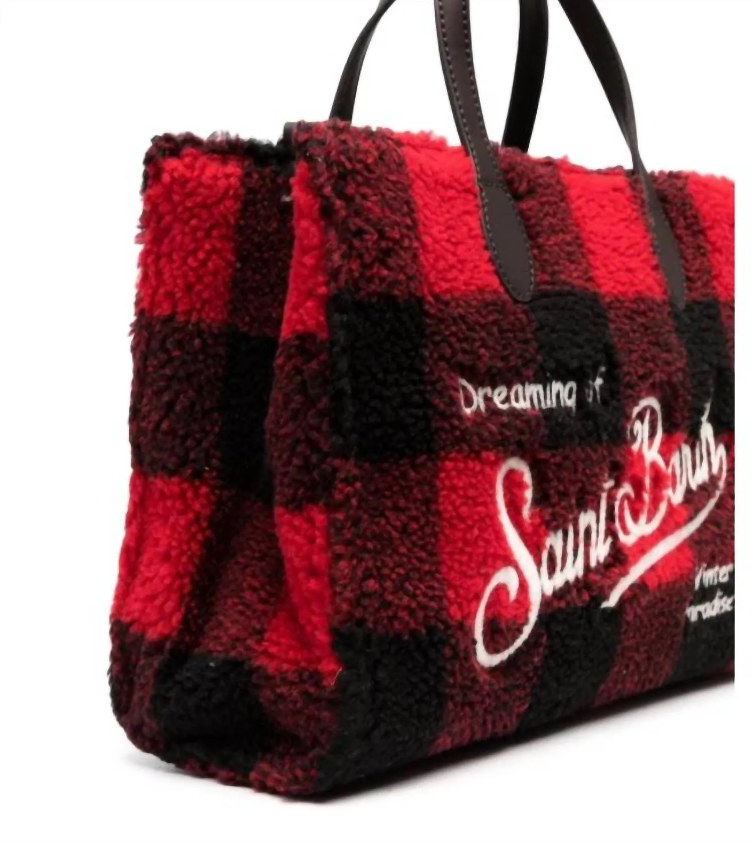 Check Wool Leather Tote Handbag In Red Black