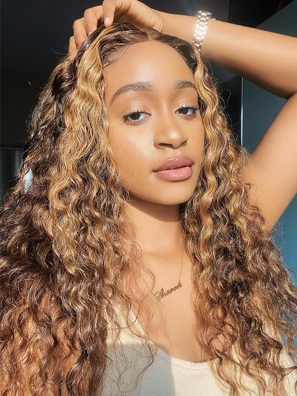 Chinalacewig Brown Highlight Ombre Curly Hair 360 Undetectable Lace Wigs NCF83