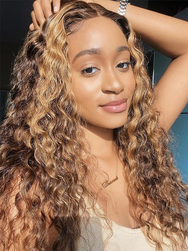 Chinalacewig Brown Highlight Ombre Curly Hair 360 Undetectable Lace Wigs NCF83