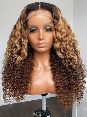 Chinalacewig HD Invisible Lace Ombre Brown Color Deep Curly Lace Front Human Hair Wigs CF472