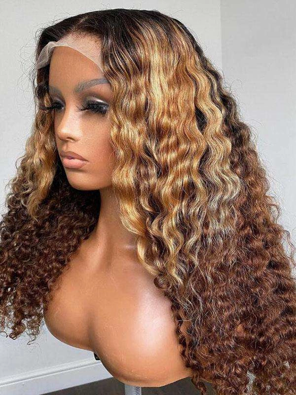 Chinalacewig HD Invisible Lace Ombre Brown Color Deep Curly Lace Front Human Hair Wigs CF472
