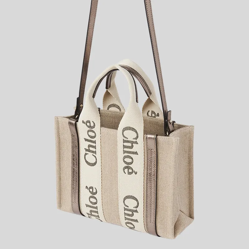 CHLOE Small Woody Tote Bag In Linen And Leather Shiny Gray CHC25SS397O81074