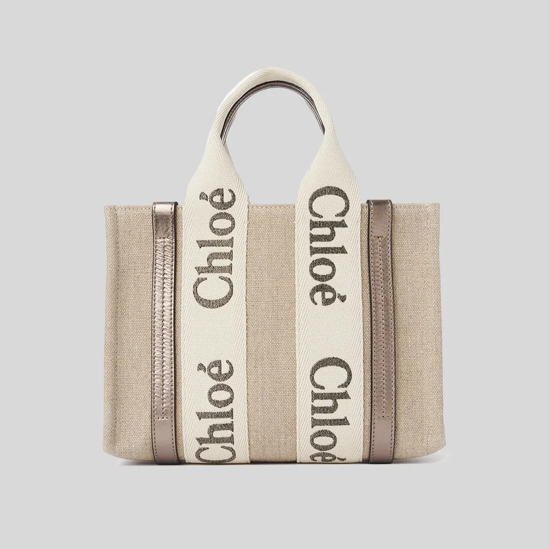 CHLOE Small Woody Tote Bag In Linen And Leather Shiny Gray CHC25SS397O81074